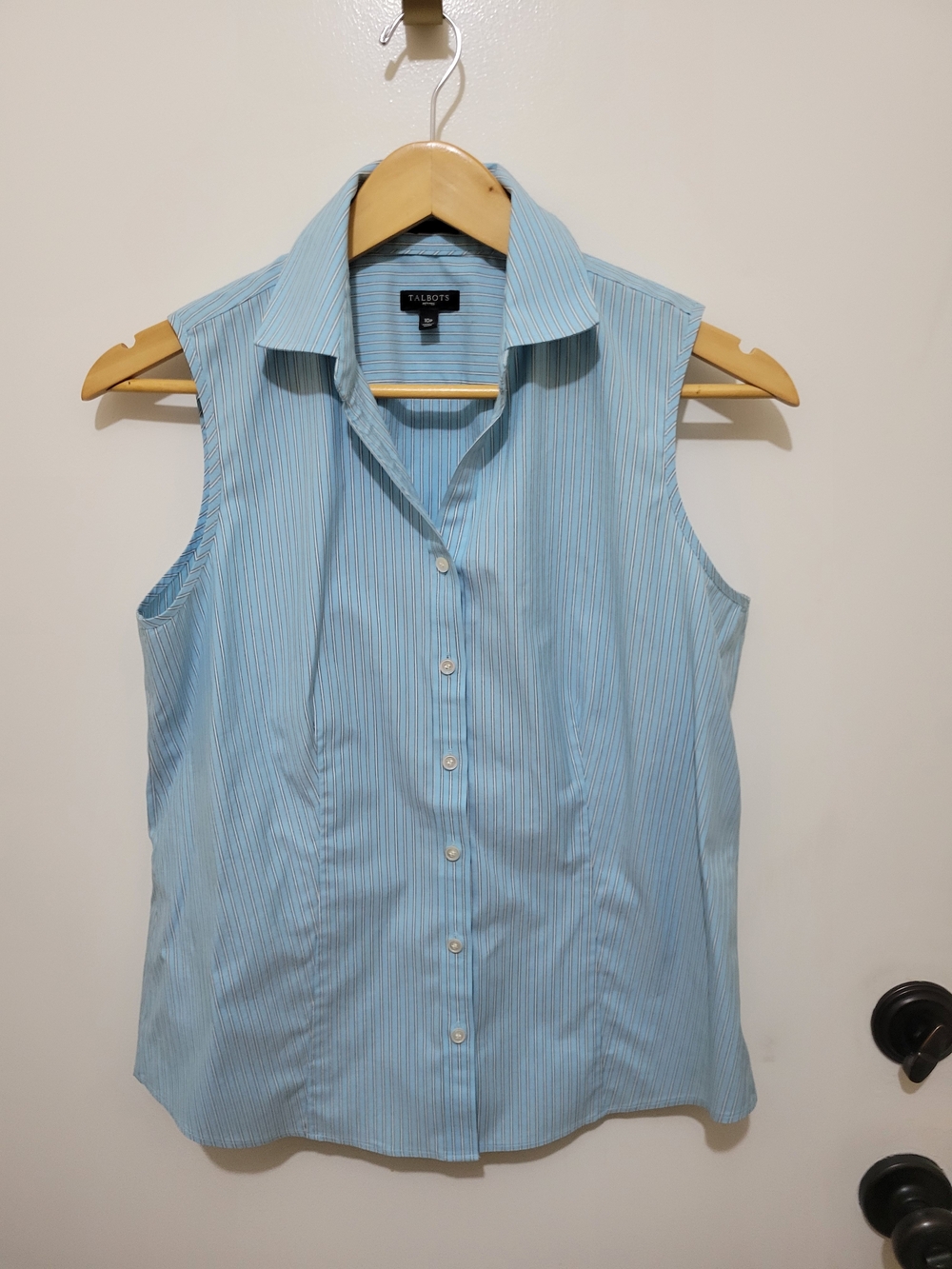 Talbots Light Aqua and Striped Sleeveless Button-Down Petite Shirt - Size 10P